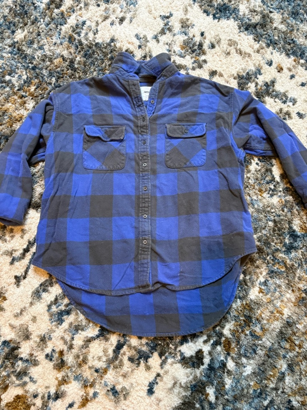 aerie Blue and Black Buffalo Plaid Button-Down Shirt